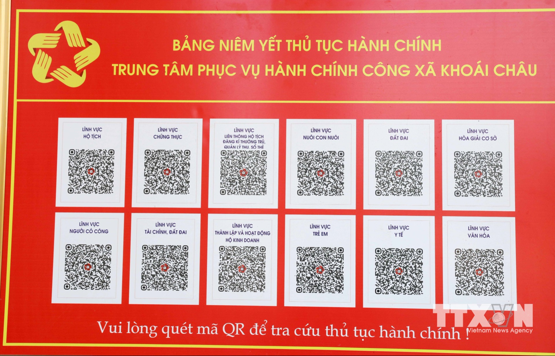 Bảng niêm yết thủ tục hành chính của Trung tâm Phục vụ Hành chính công xã Khoái Châu đặt tại Nhà Văn hóa các thôn. (Ảnh: Thế Duyệt/TTXVN)